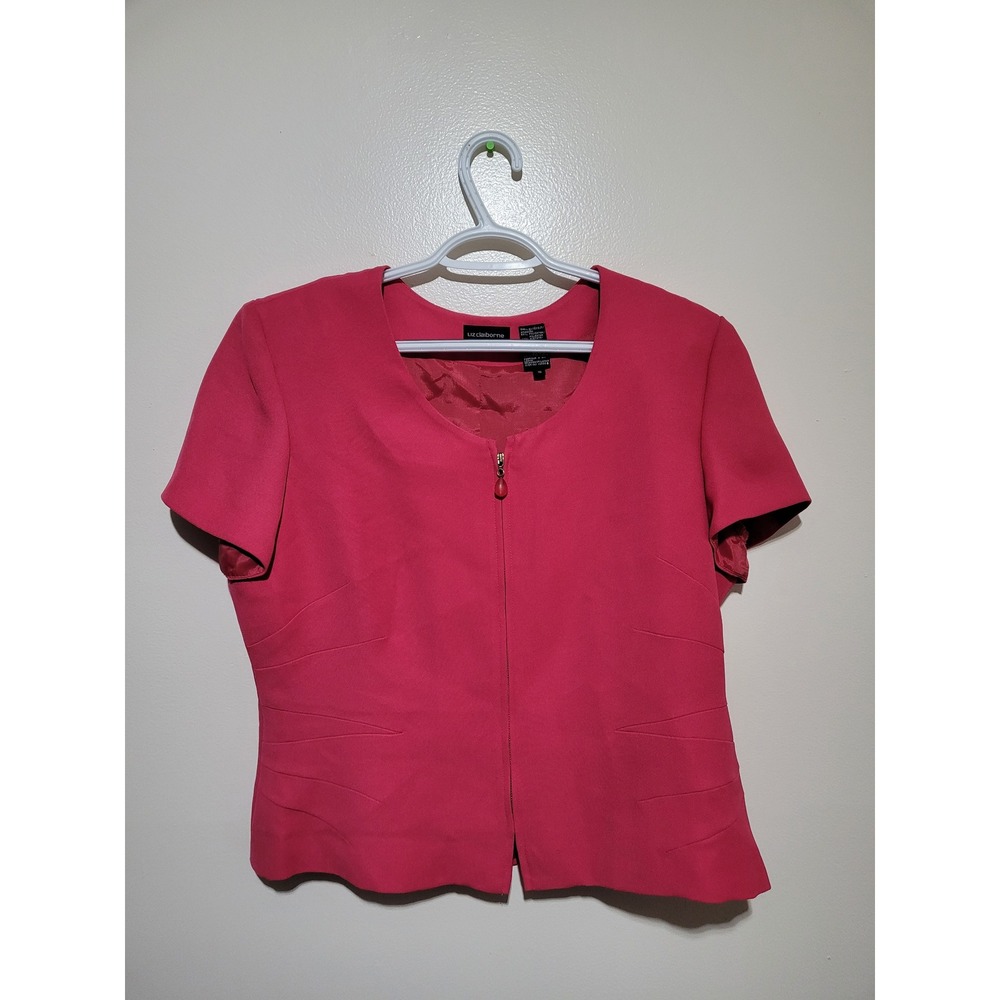 Liz Claiborne Skirt Suit Womens 16 Pink Zip Front Short Sleeve Blazer